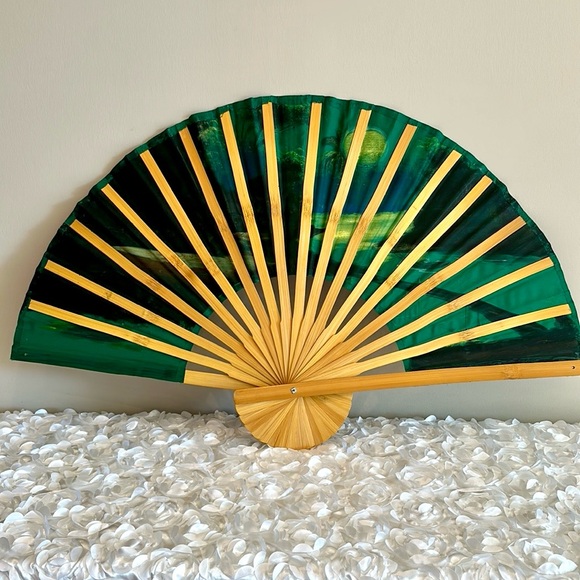 Vintage Silk Screen Bamboo Folding Fan Chinese Thai Asian Oriental Wall Art - Picture 2 of 6